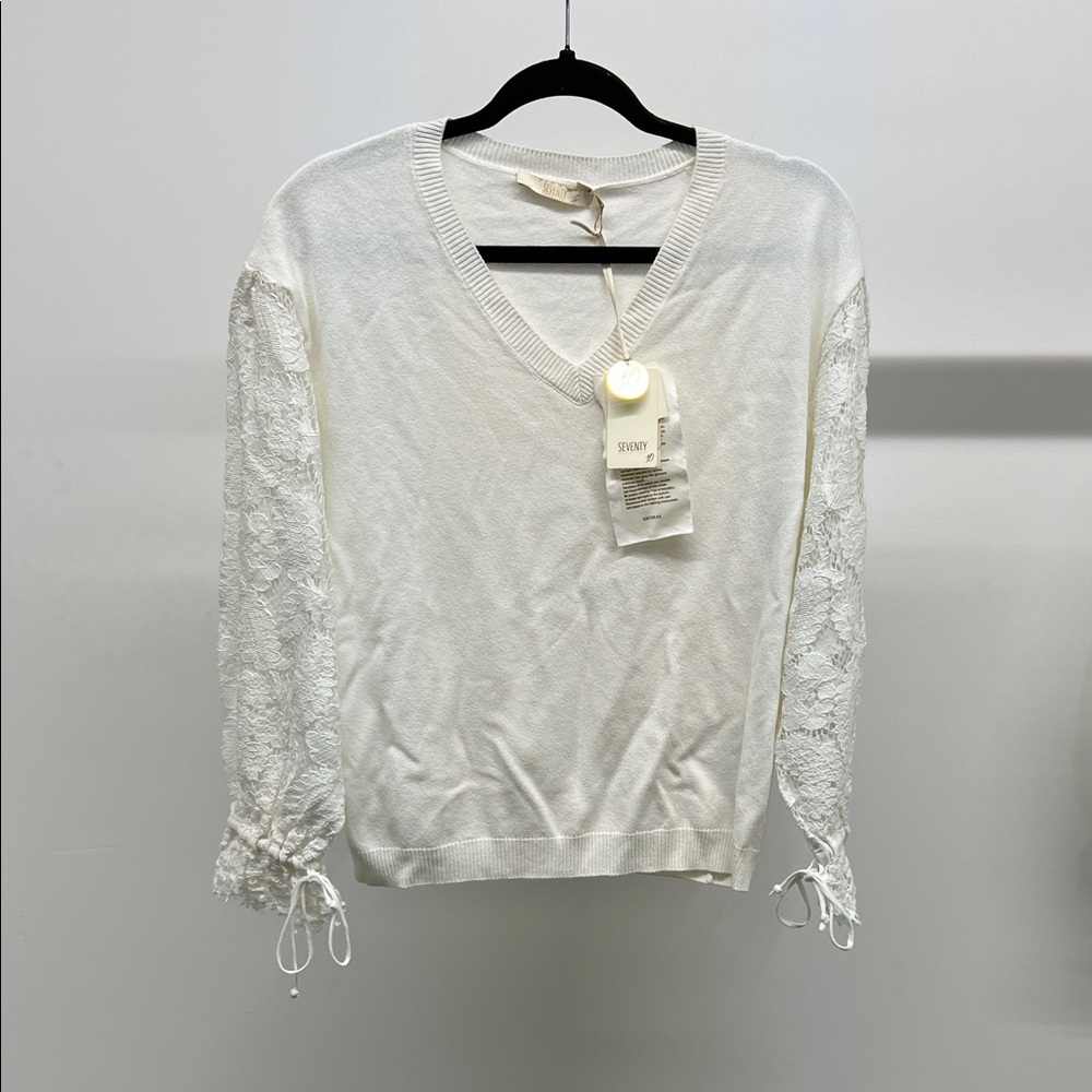 NWT Seventy White Lace Sleeve V-Neck Sweater